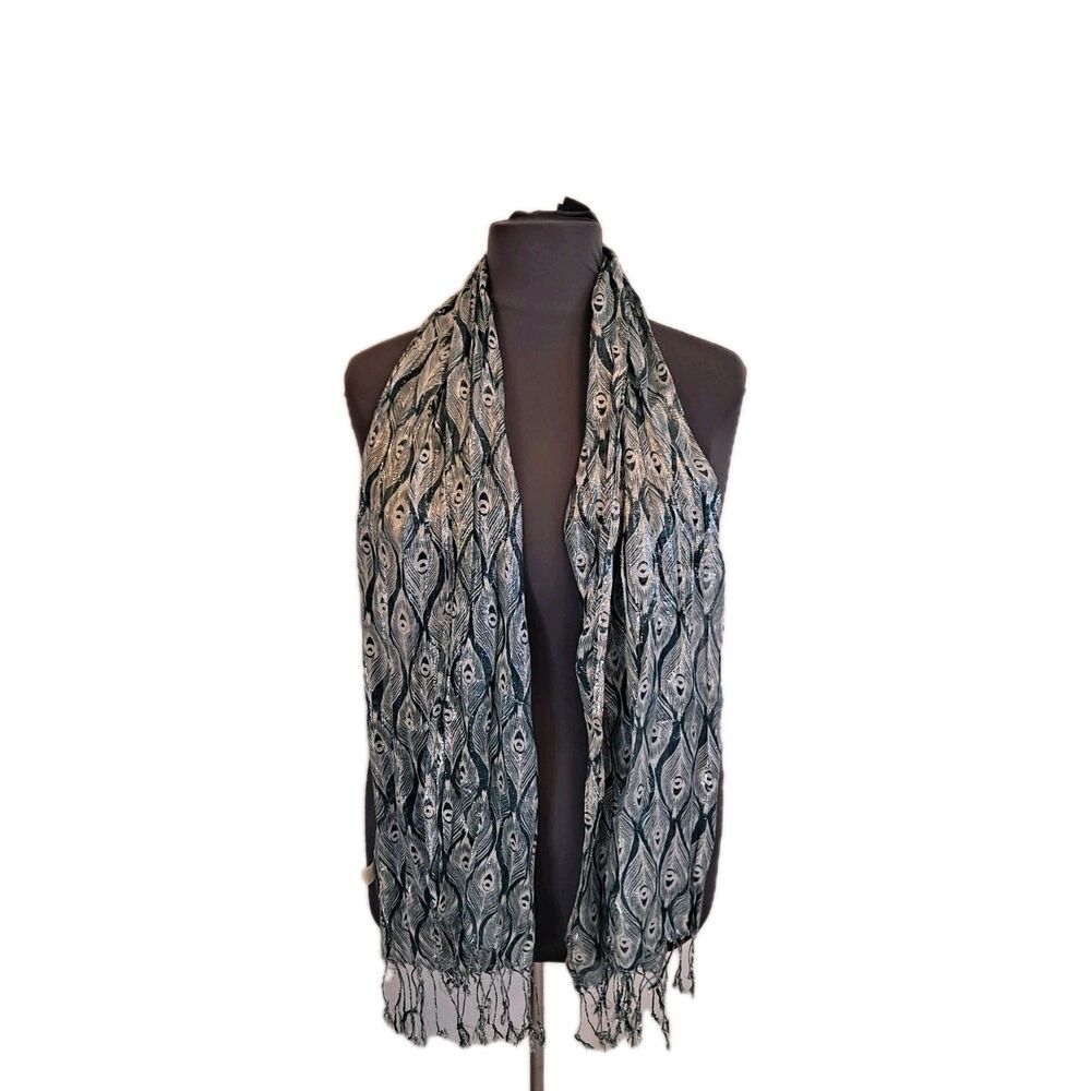 Charming Charlie Scarf Peacock Feathers Print Tassel Sheer Rayon/Metallic